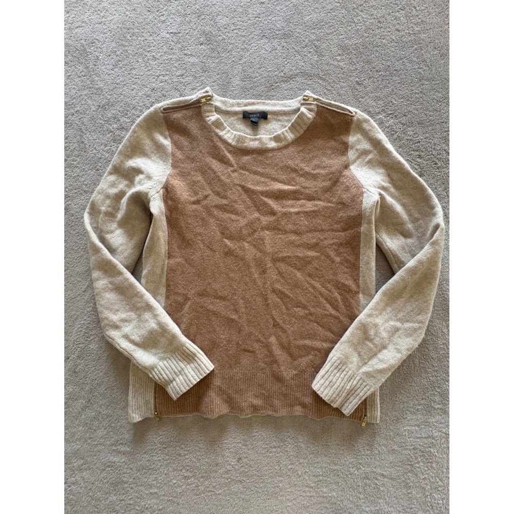 J. Crew Womens 100% Wool Colorblock Zipper Shoulder Sweater Tan Cream Medium